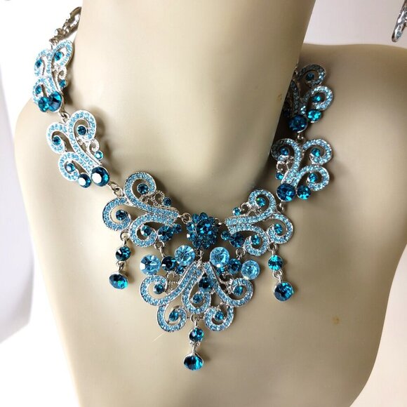 Blue Crystal Rhinestone Statement Necklace with Earrings - Picture 1 of 14